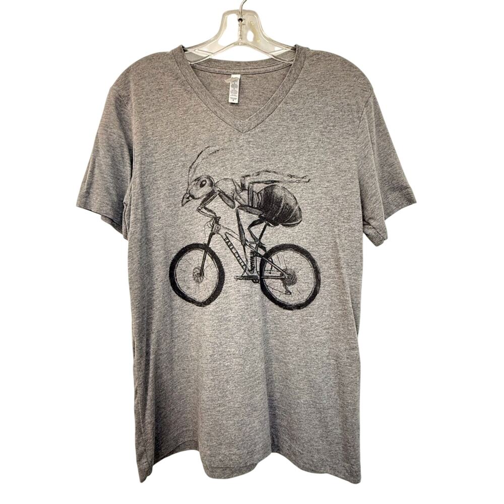 Unisex Canvas Gray T shirt with Ant on a Bicycle Graphic Short Sleeve V Neck - Picture 9 of 16